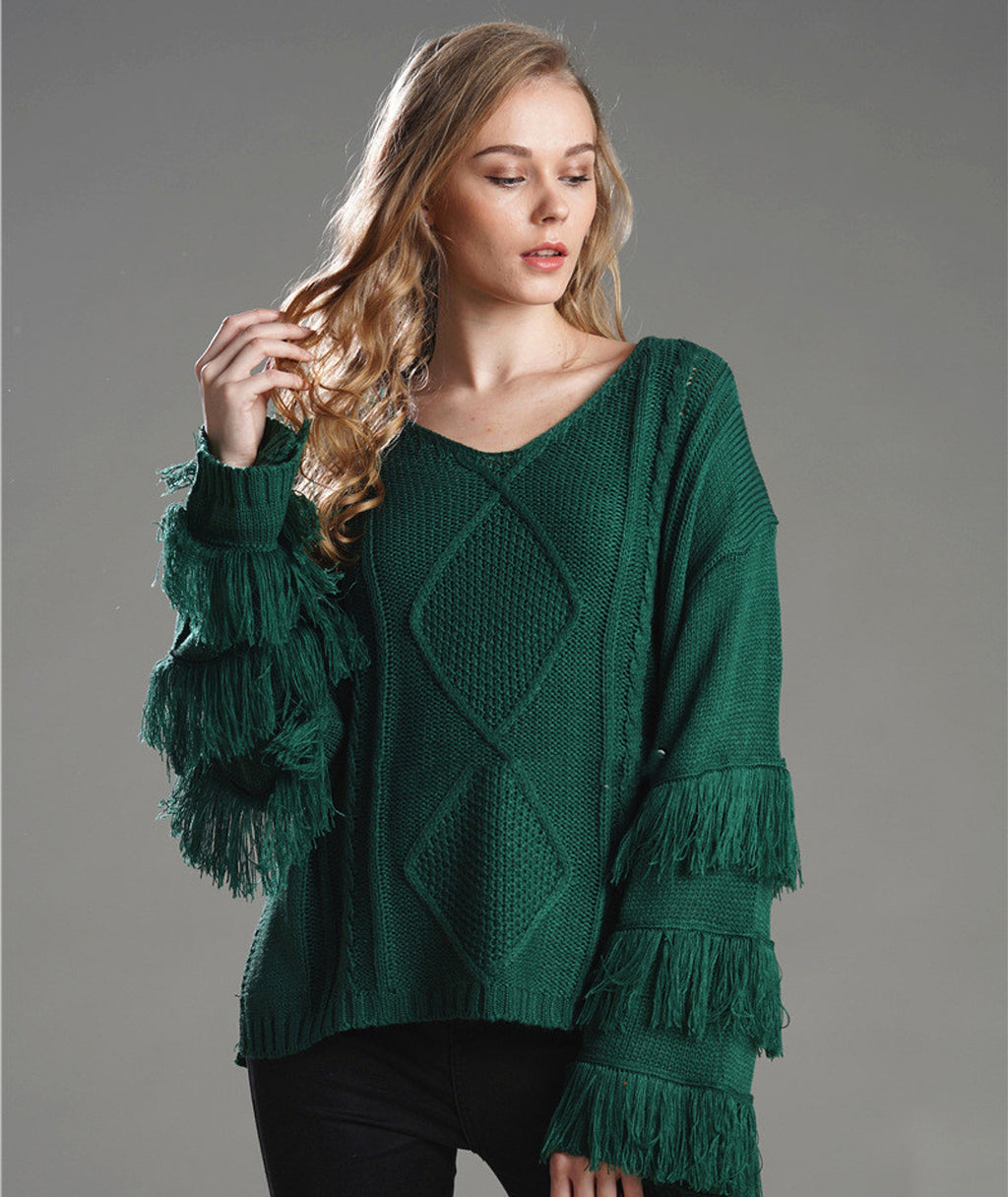 Pullover Loose Sweater Women Tassel Pure Color - enhanced image 8