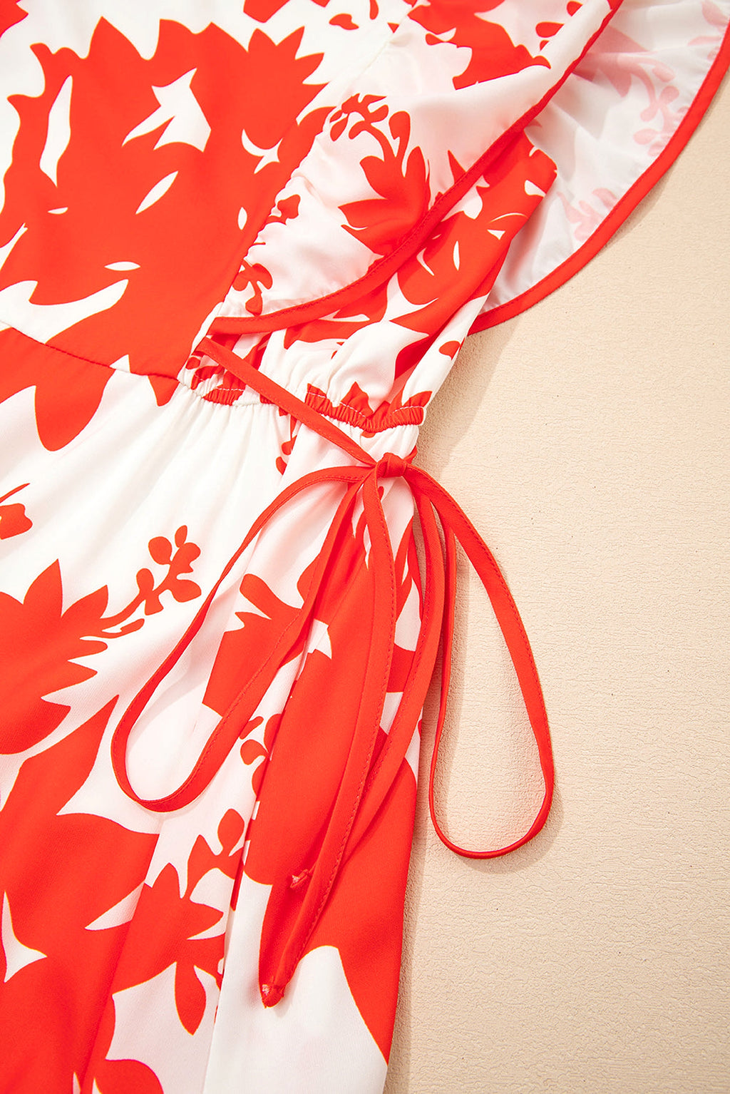 Red Floral Print Trimmed V Neck Ruffle Sleeve Long Dress - enhanced image 8