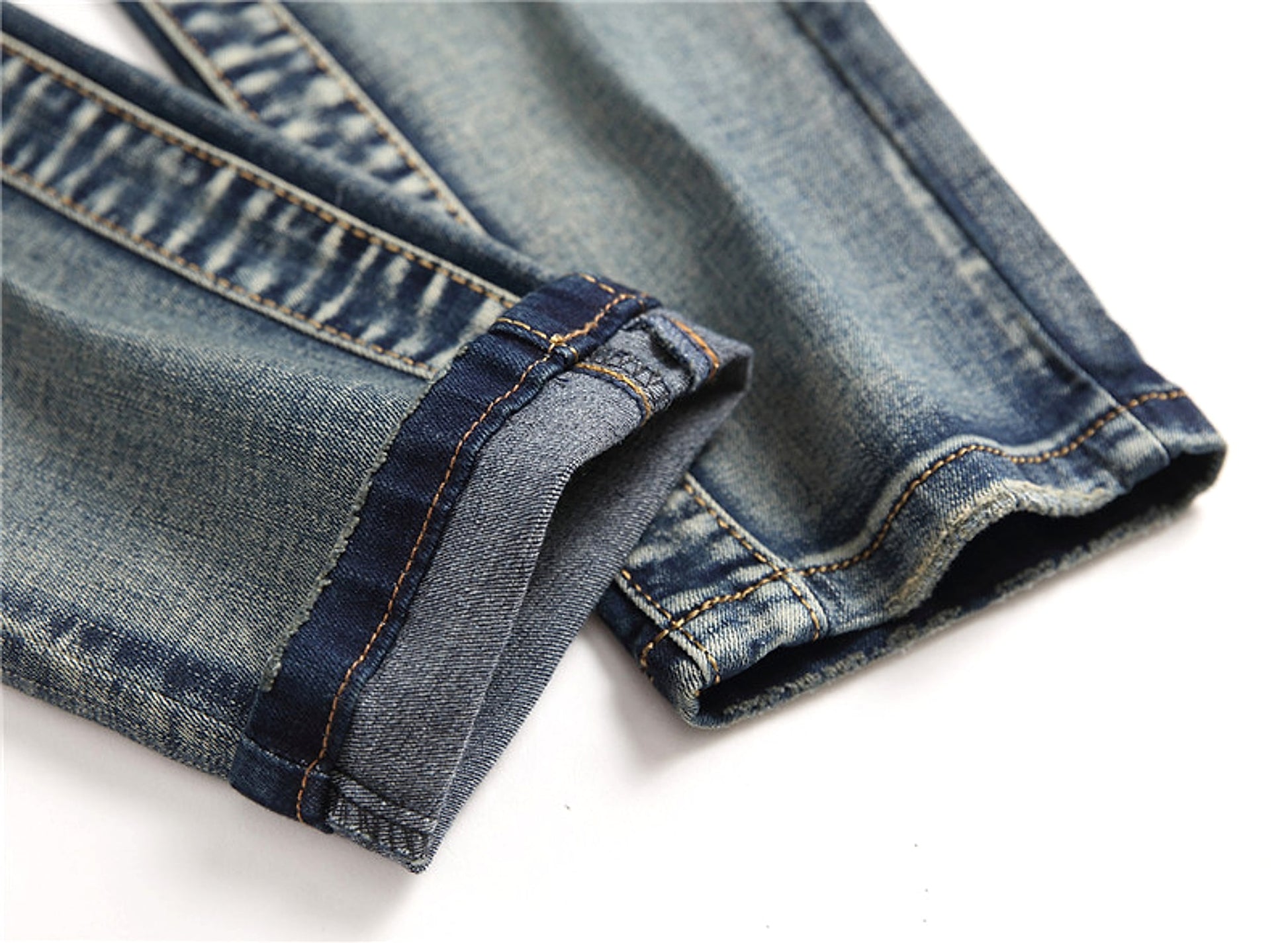 Retro Crumpled Hole Patch Elastic Straight Skinny Jeans - enhanced image 8