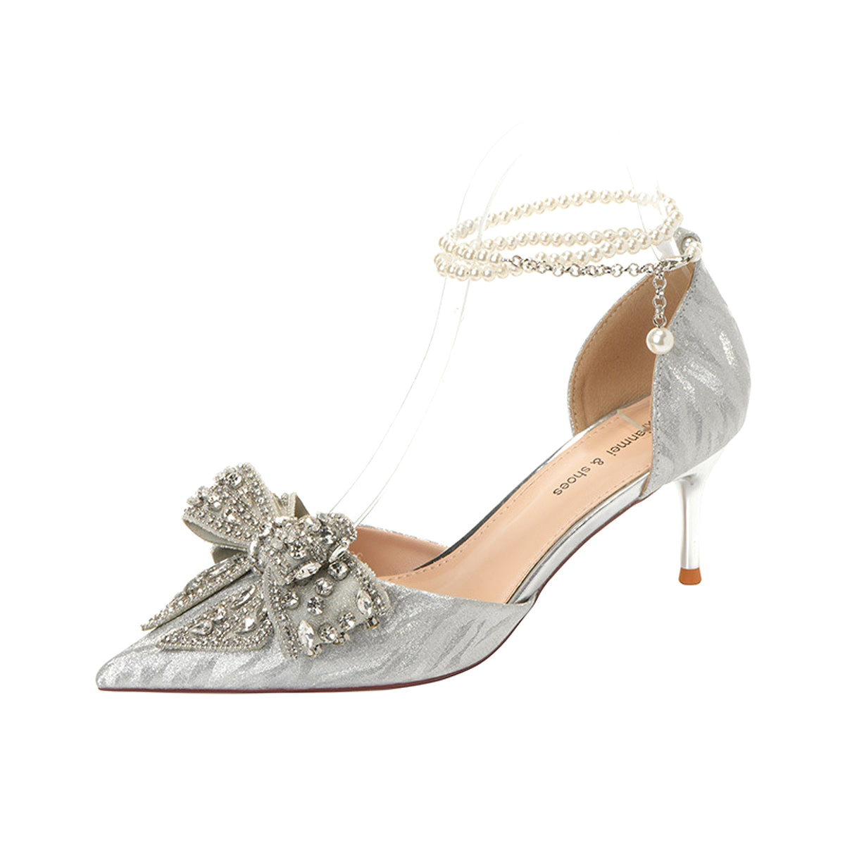 Rhinestone Bow Pointy Hollow Pearl Heels - enhanced image 8