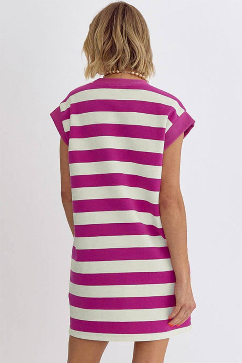 Rose Stripe Cap Sleeve Pocketed Shift T-shirt Dress - enhanced image 8
