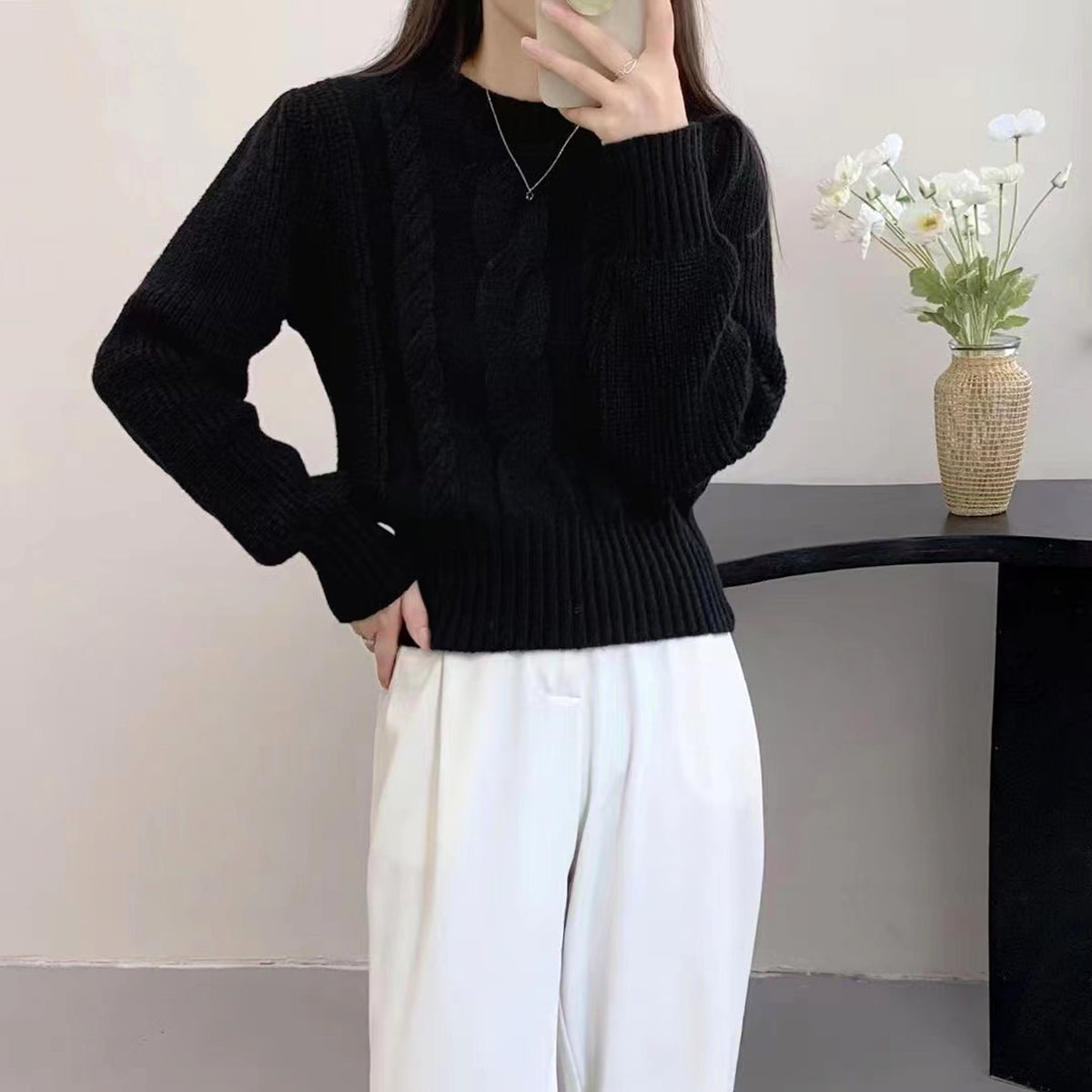 Round Neck Lantern Sleeve Cable-knit Sweater - enhanced image 8