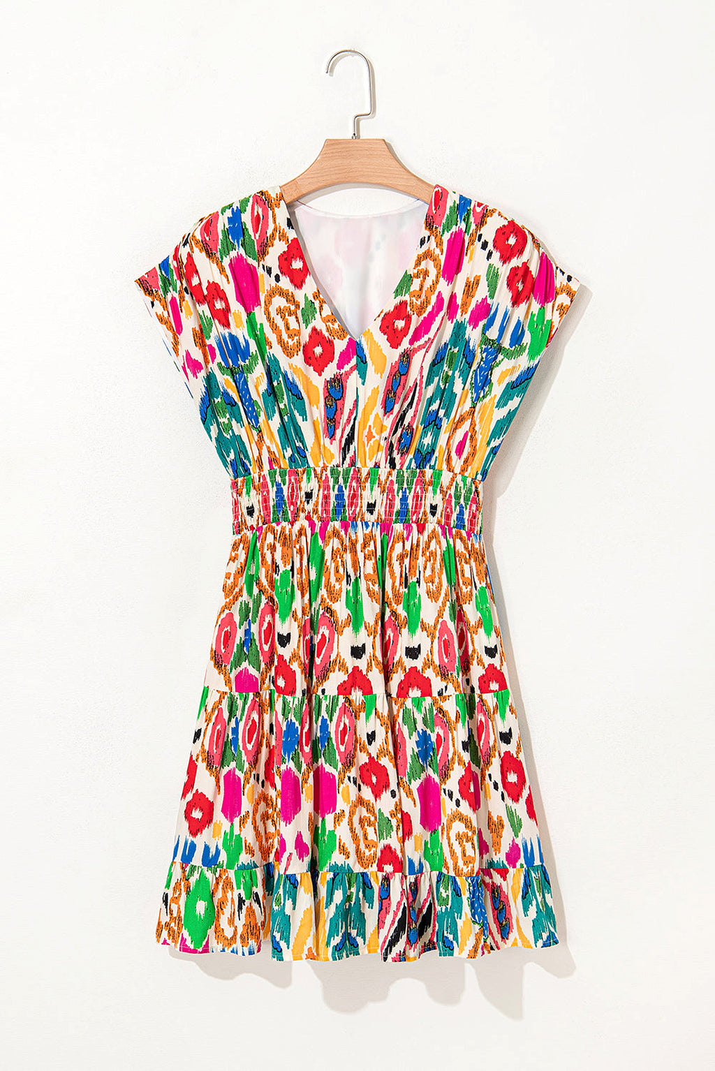 Sky Blue Abstract Print V Neck Dolman Sleeve Ruffle Tiered Mini Dress - enhanced image 8