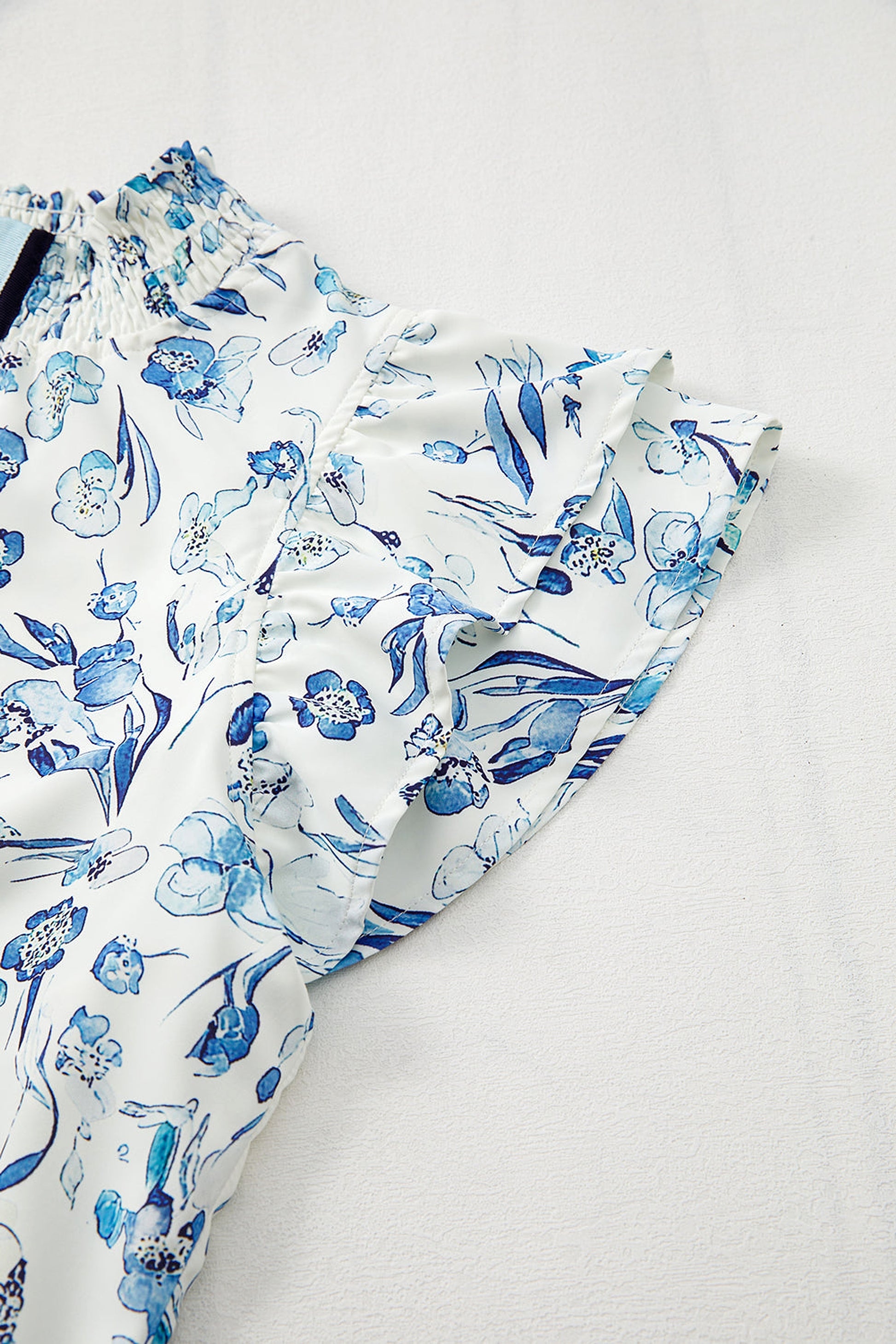 Sky Blue Floral Print Ruffled Short Sleeve Blouse - enhanced image 8