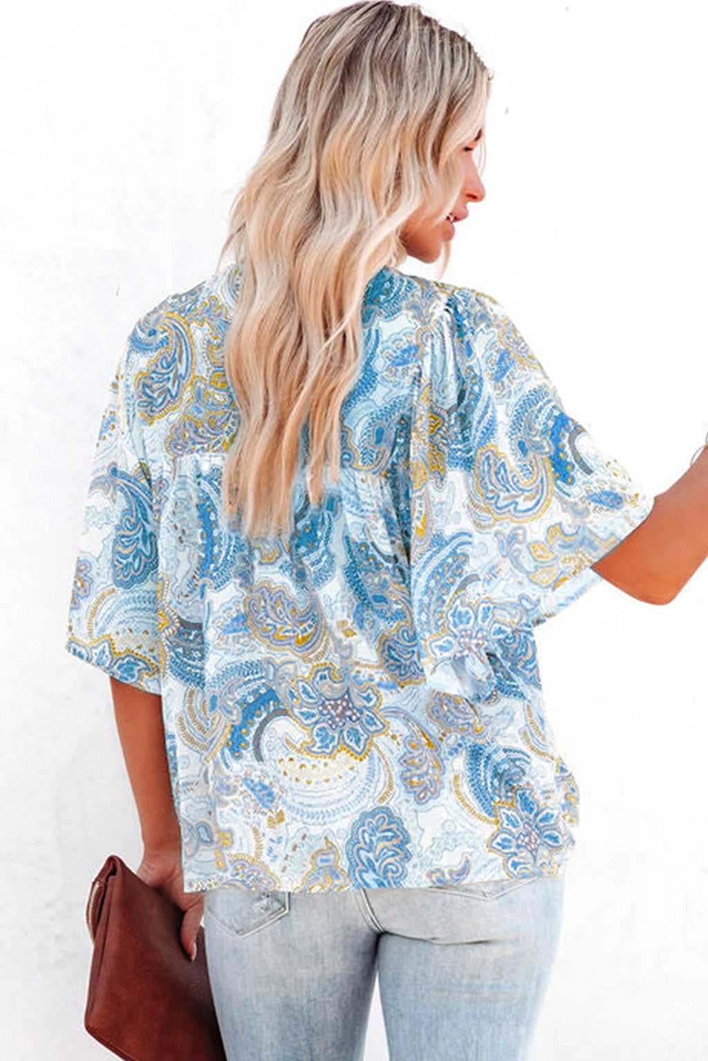 Sky Blue Paisley Print Wide Sleeves Loose Blouse - enhanced image 8