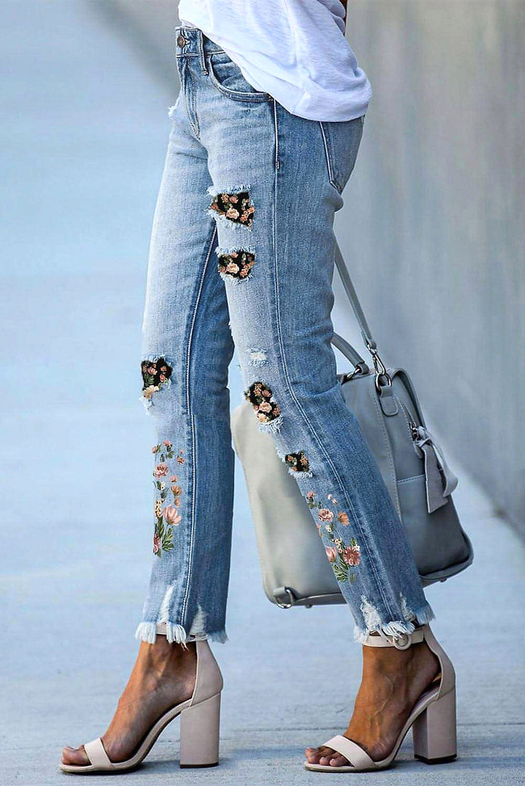 Sky Blue Printed Patch Ripped Skinny Jeans - enhanced image 8