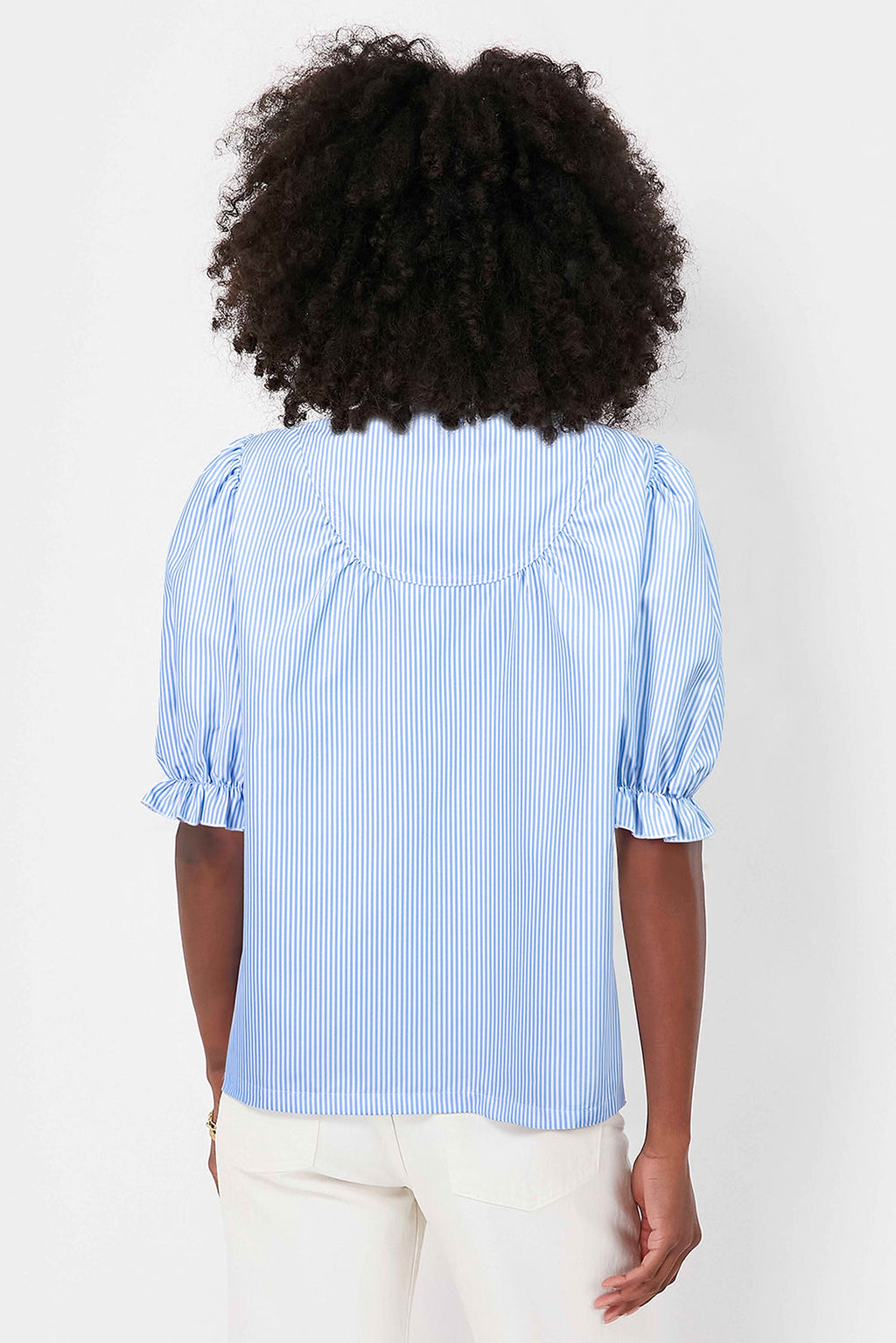 Sky Blue Stripe Ruffled Collar Puff Sleeve Half Buttons Blouse - enhanced image 8