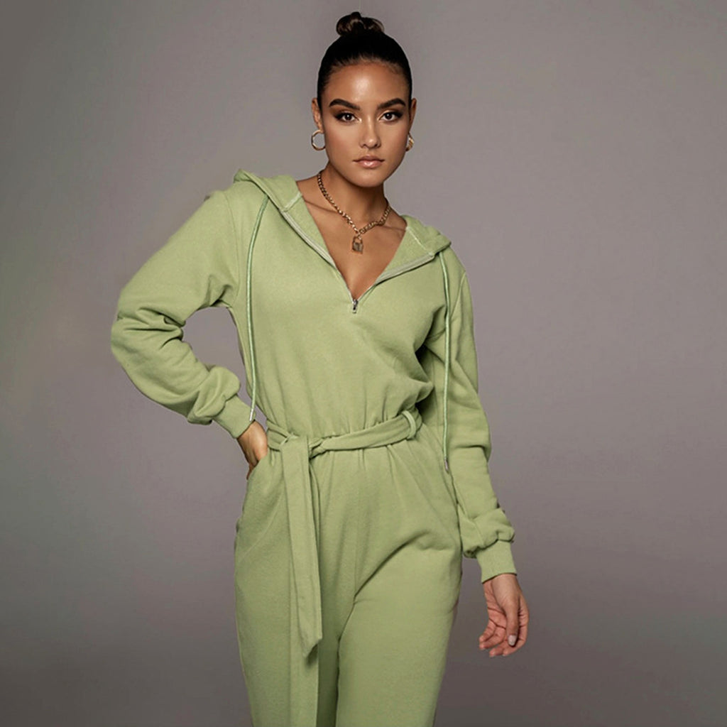 Slim-fit Long Sleeve Solid Color Hooded Half-open Collar Urban Leisure Women's Jumpsuit - enhanced image 8