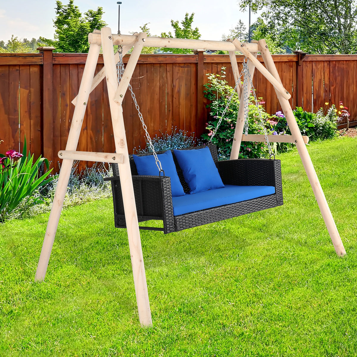 SolunaSwing™ – 4ft Black Rattan Hanging Chair with Blue Cushions - enhanced image 8