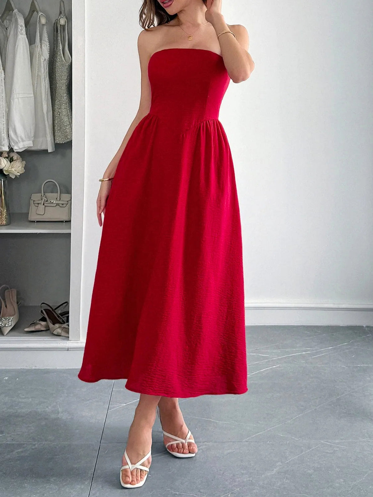 Strapless A-Line Midi Dress with Pockets - enhanced image 8
