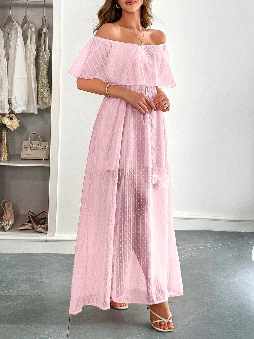 Swiss Dot Off Shoulder Maxi Dress - enhanced image 8