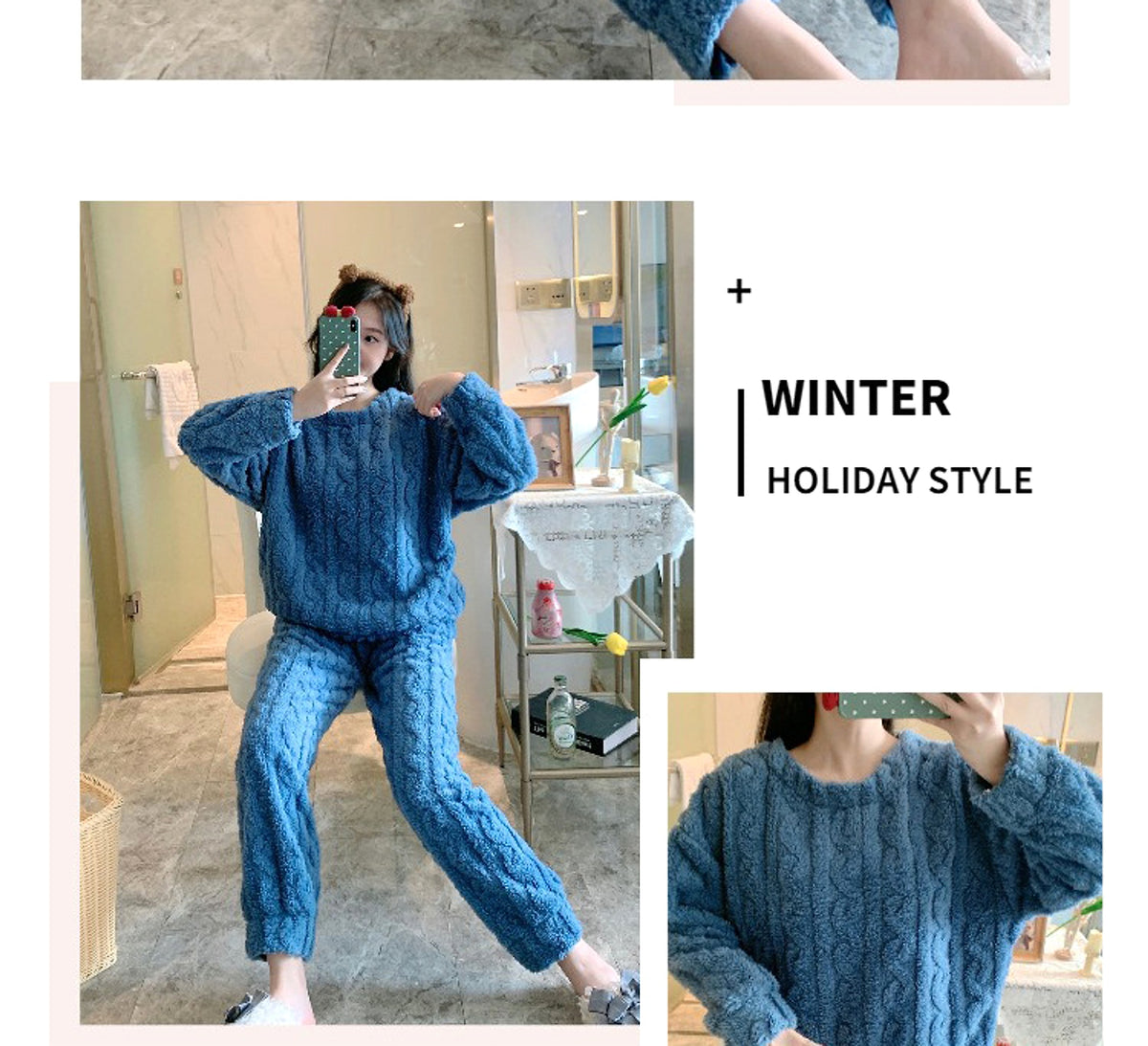 Thick Fleece Pajamas Women's Thermal Round-neck Flannel Homewear Suit - enhanced image 8