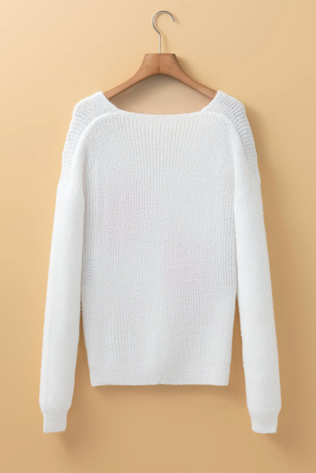 White Pearl Beaded Heart Pattern Fuzzy V Neck Sweater - enhanced image 8