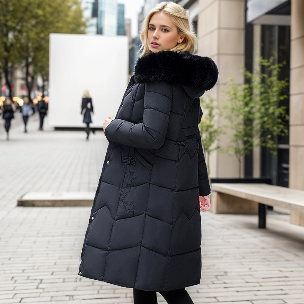 Winter Long Coat With Thickened Fur Collar Straight Slim Cotton-padded Jacket Women - enhanced image 8