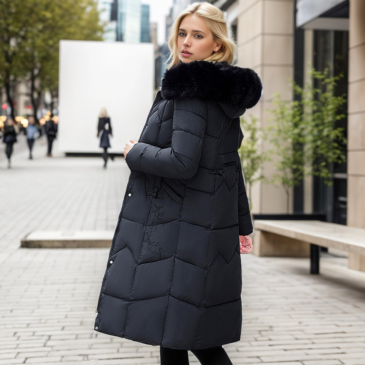 Winter Long Coat With Thickened Fur Collar Straight Slim Cotton-padded Jacket Women - enhanced image 8