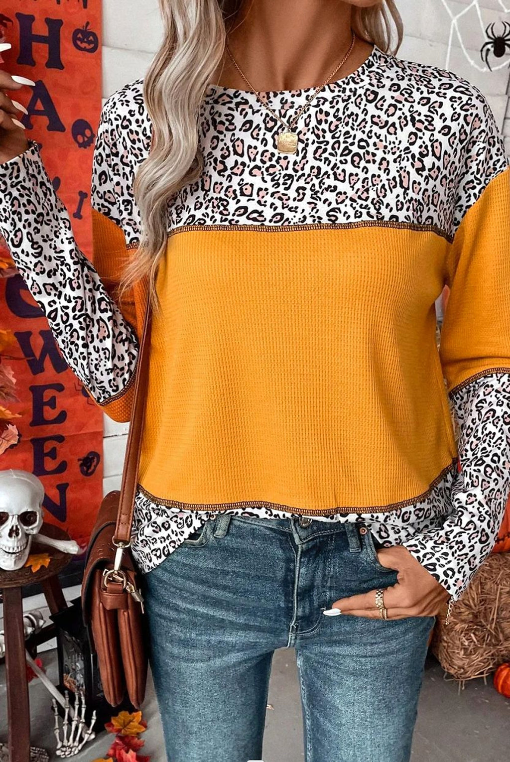 Women Round Neck Leopard Splicing Waffle Sweater - enhanced image 8