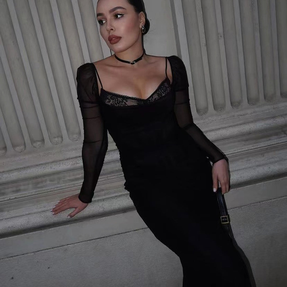 Women's Black With Fishbone Braces Long Sleeve Tight Dress - enhanced image 8