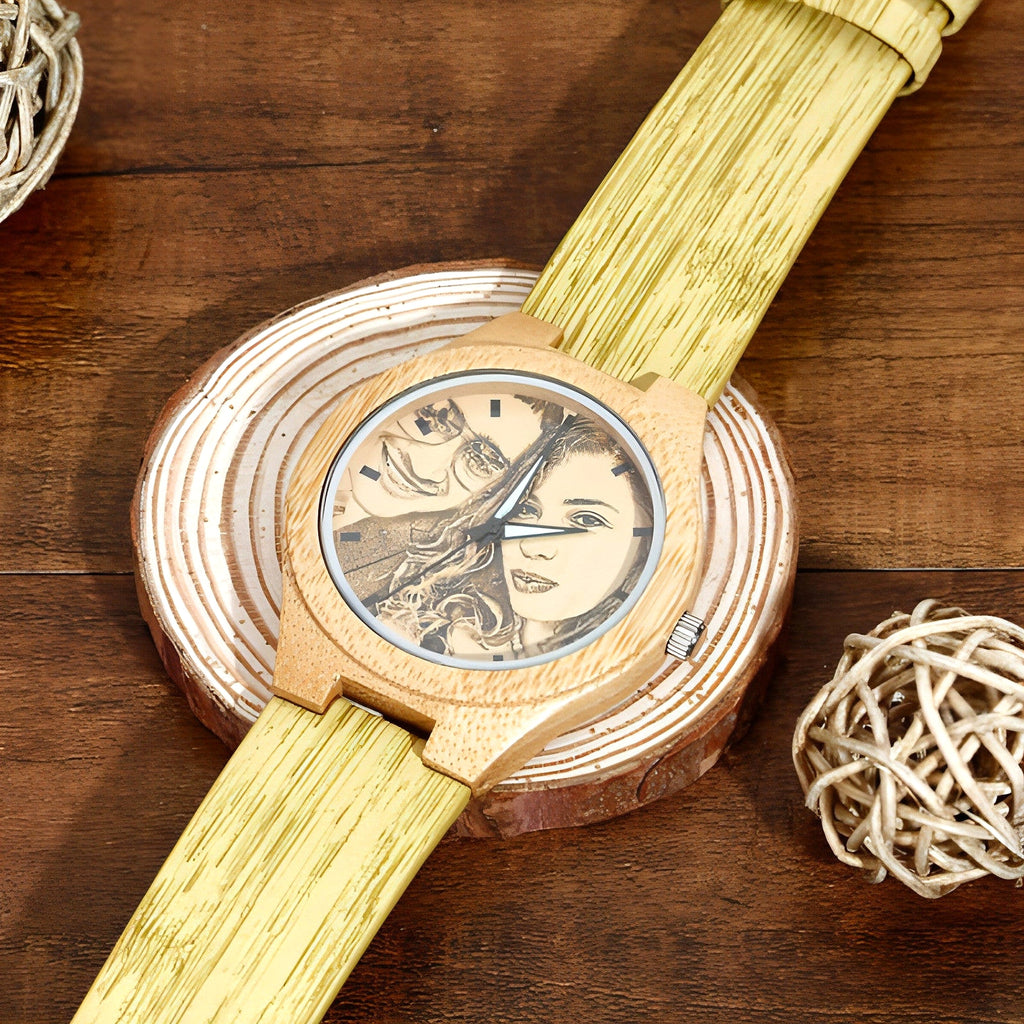 Engraved Bamboo Photo Watch Wooden Leather Strap 40mm - enhanced image 8