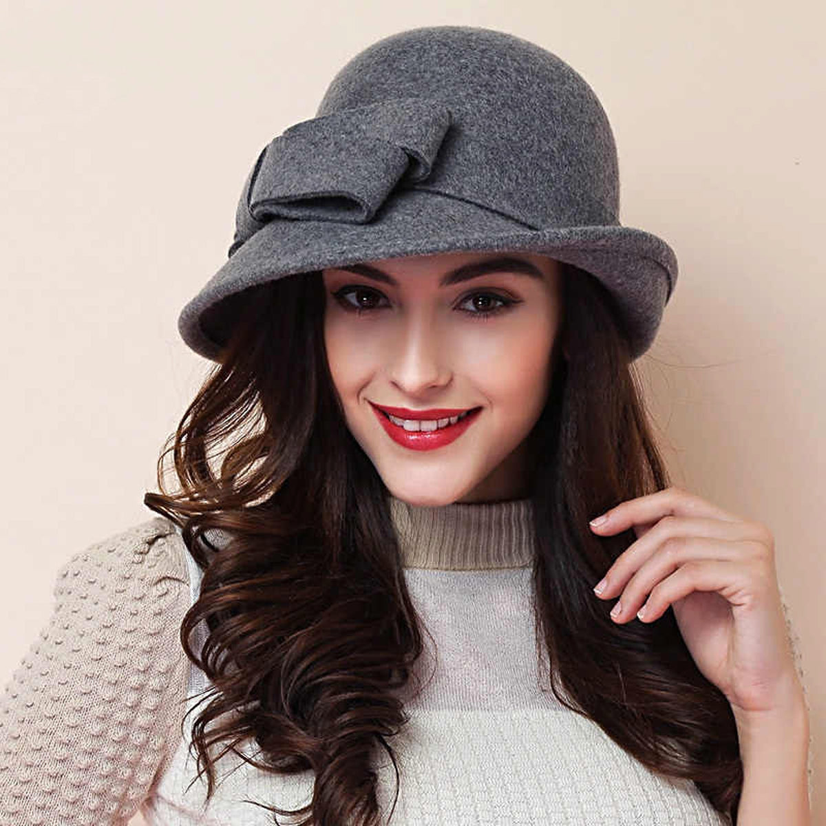Women's French-style Elegant Retro Woolen Bowler Hat Curling Bow - enhanced image 8