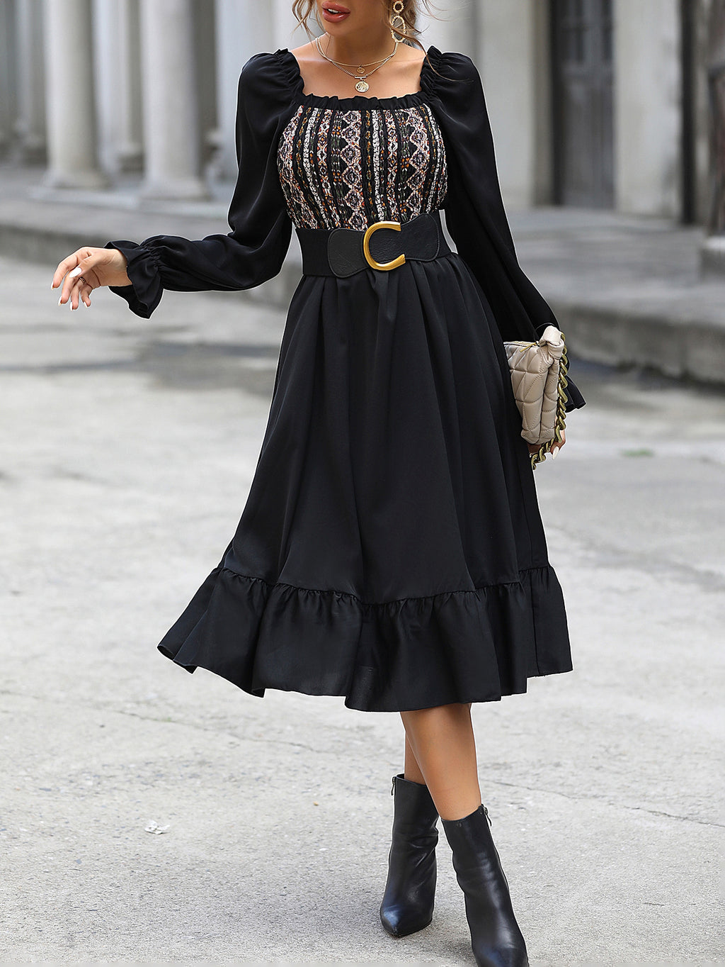 Women's Square-neck Cinched Midi Dress - enhanced image 8