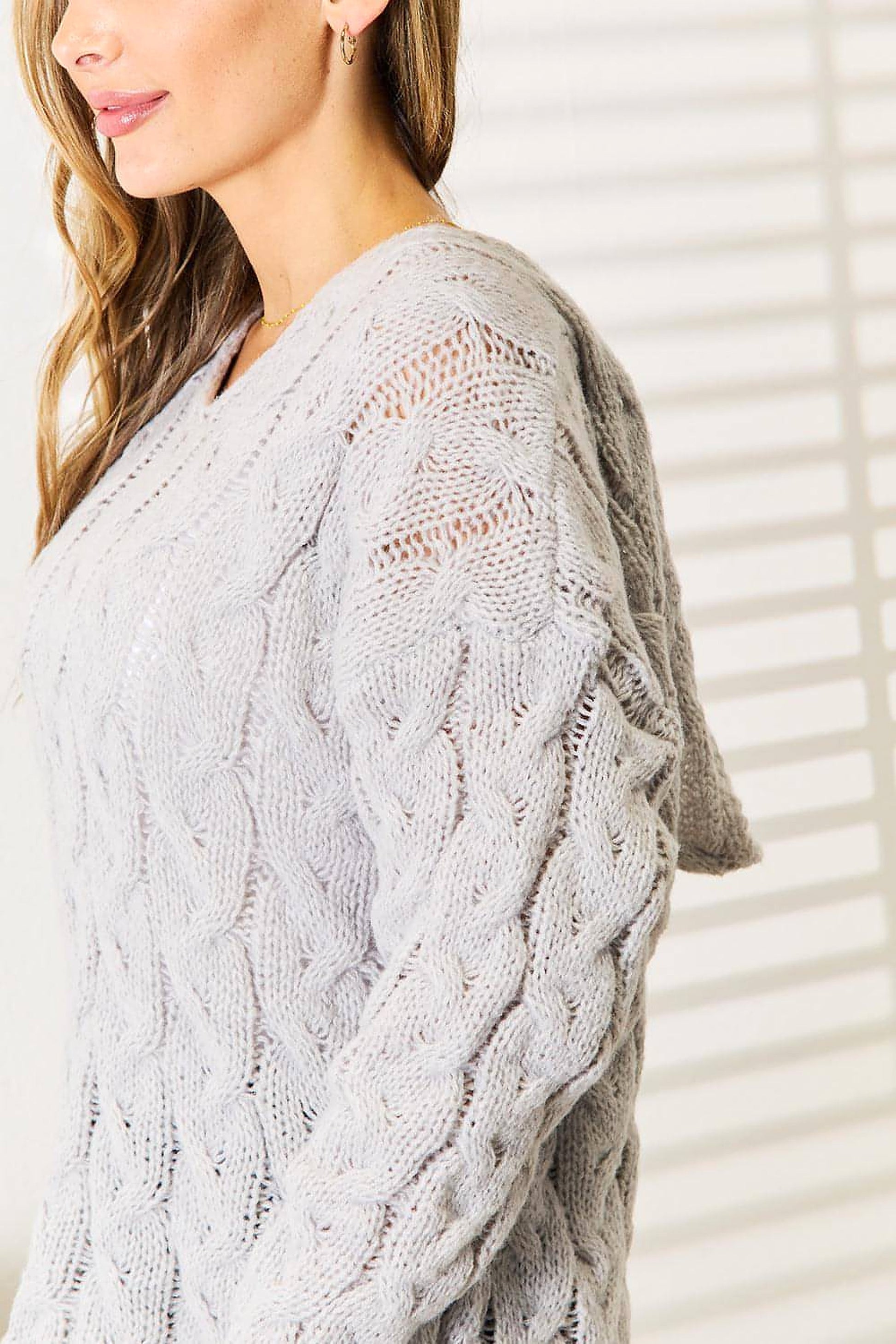 Woven Right Cable-Knit Hooded Sweater. - enhanced image 8