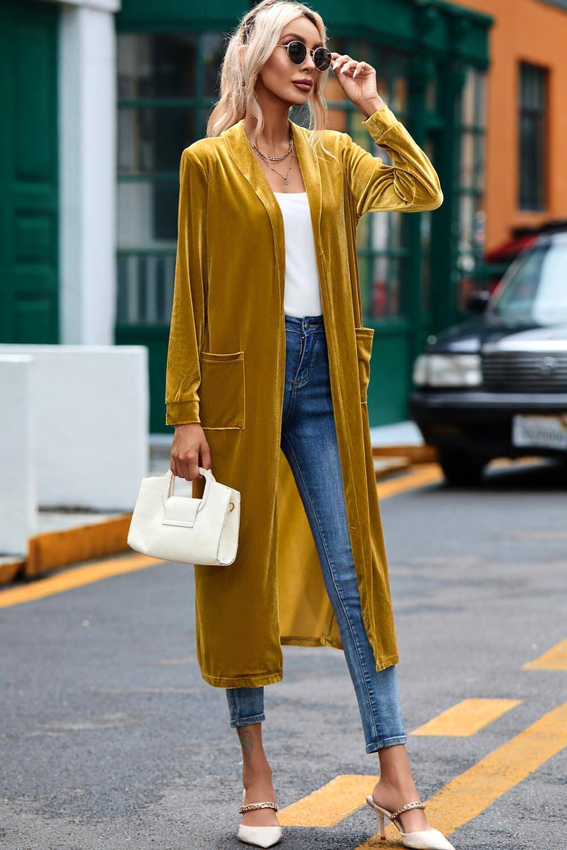 Yellow Velvet Open Front Pocketed Long Duster - enhanced image 8