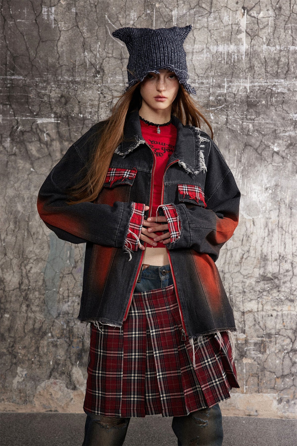 A1. Color Matching Cat Raw-cut Edges Washed And Worn Loose Lapels Coat Fashion - enhanced image 9