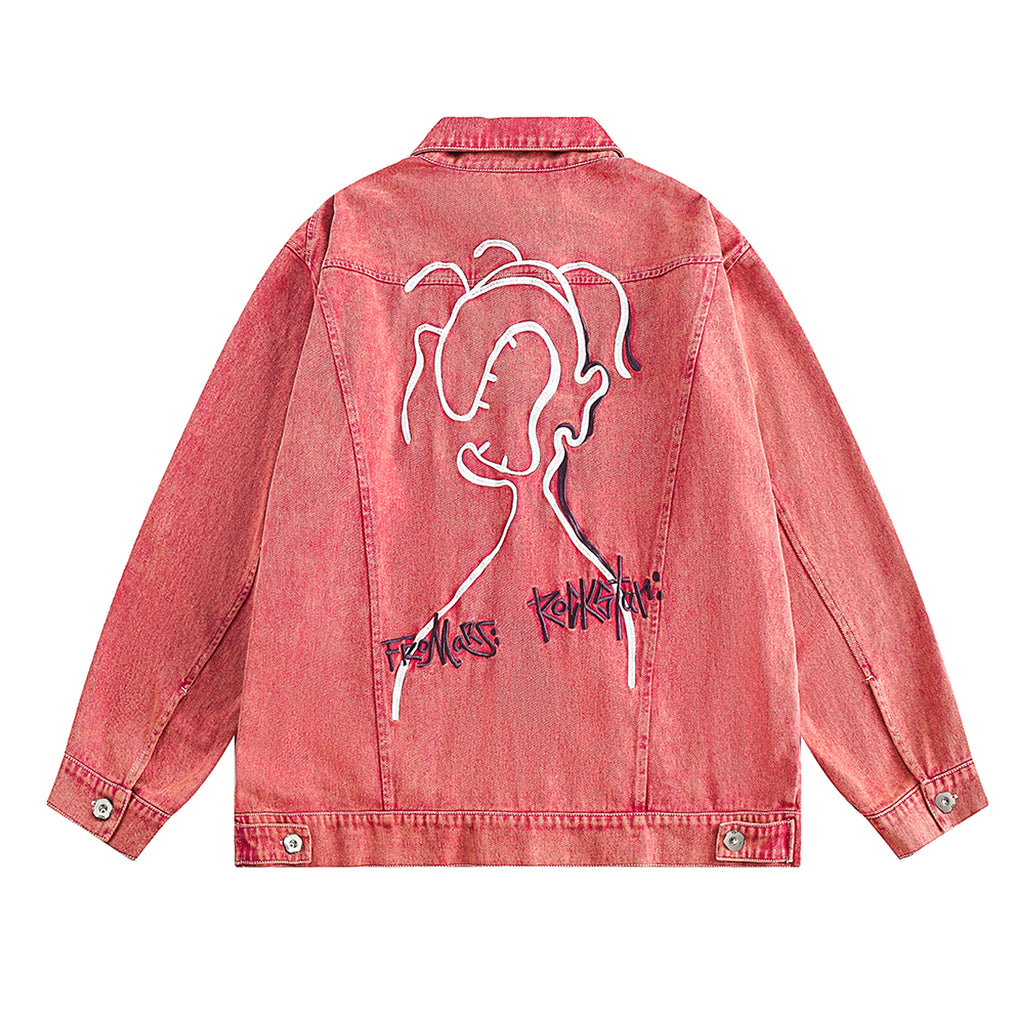Abstract Embroidered Washed Denim Jacket - enhanced image 9