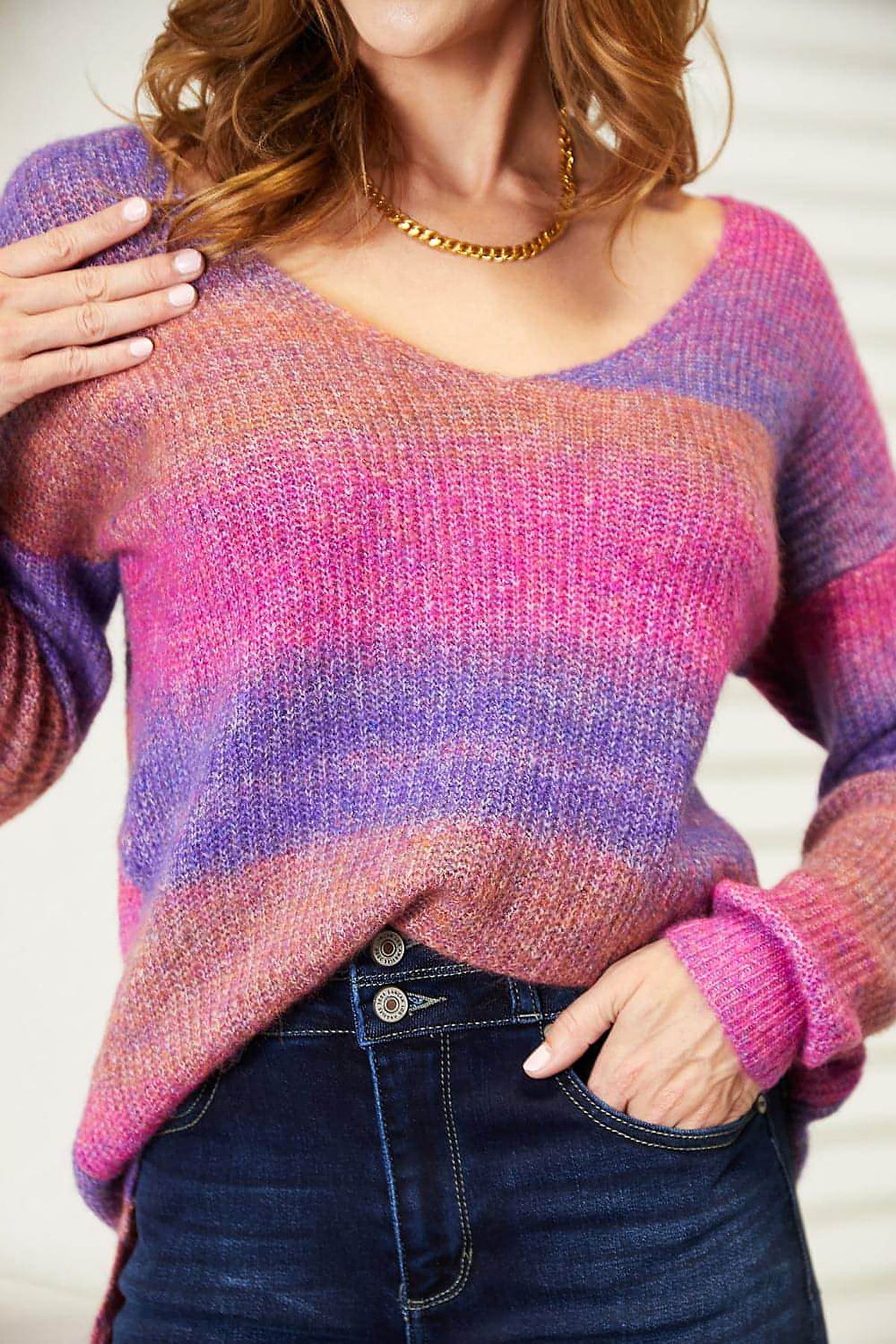 Angel Wings Multicolored Rib-Knit V-Neck Knit Pullover - enhanced image 9