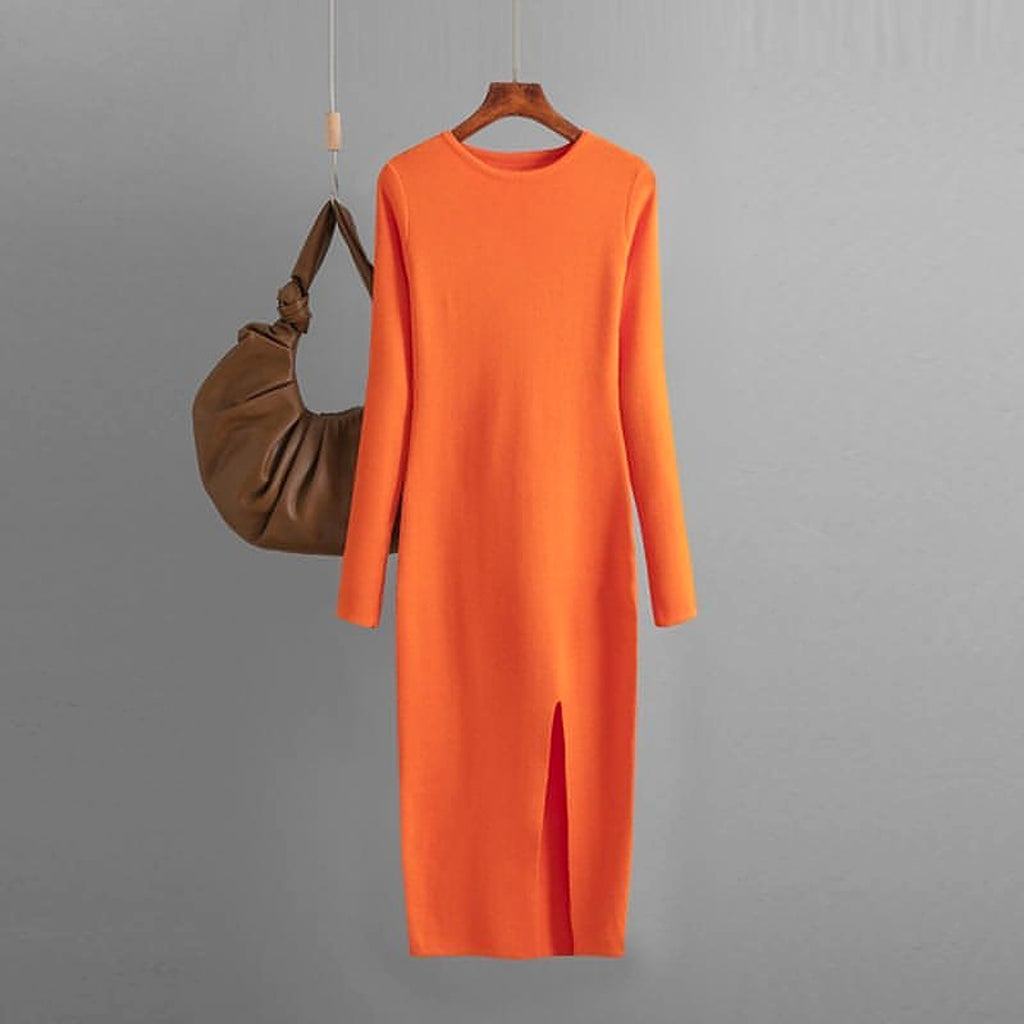 Autumn And Winter Long Sleeve Knitted Backless Round Neck Dress - enhanced image 9