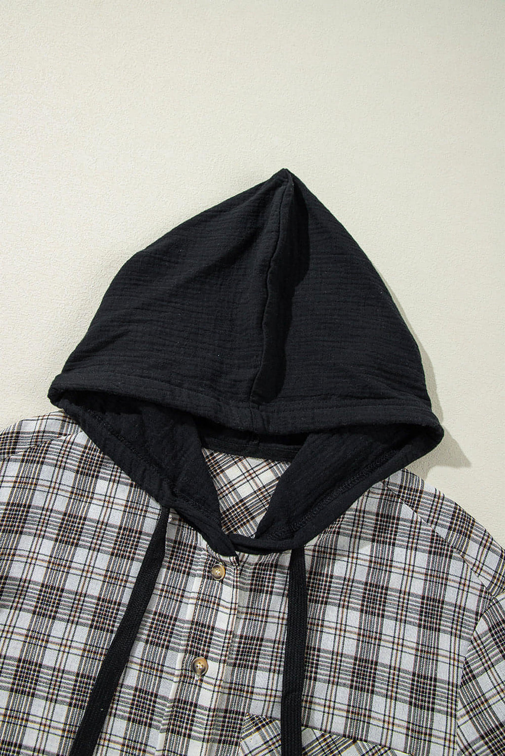 Black Checkered Print Loose Fit Buttoned Hooded Shacket - enhanced image 9