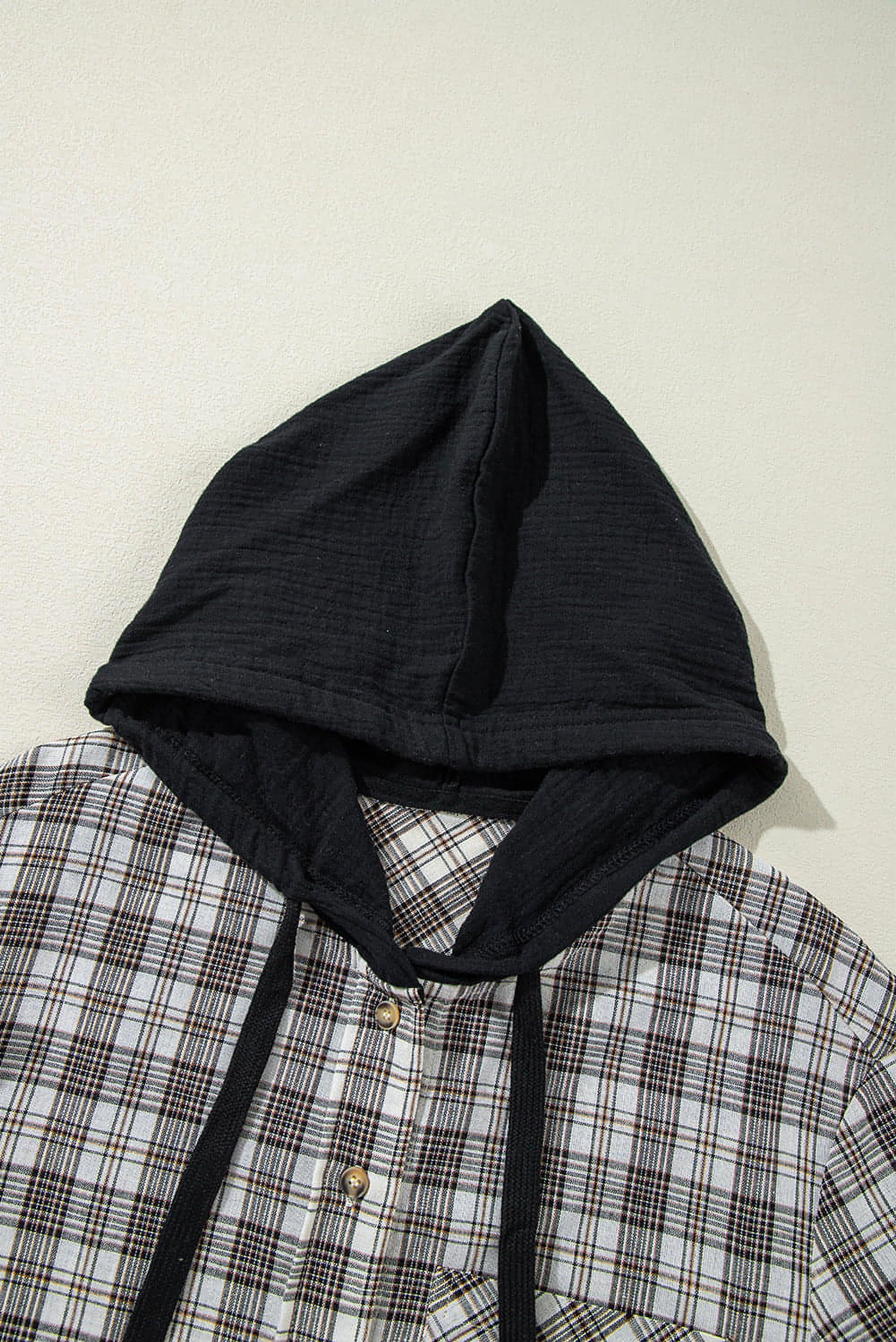 Black Checkered Print Loose Fit Buttoned Hooded Shacket - enhanced image 9