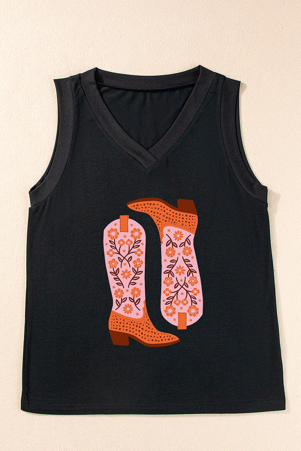 Black Cowgirl Floral Boots Printed Tank Top - enhanced image 9