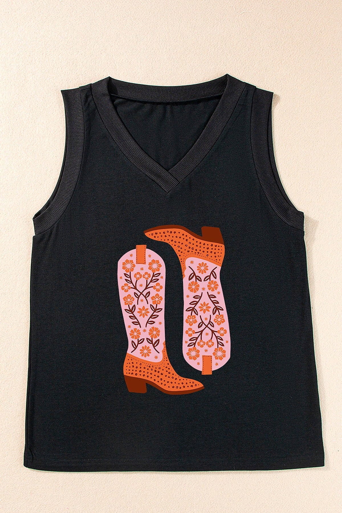 Black Cowgirl Floral Boots Printed Tank Top - enhanced image 9