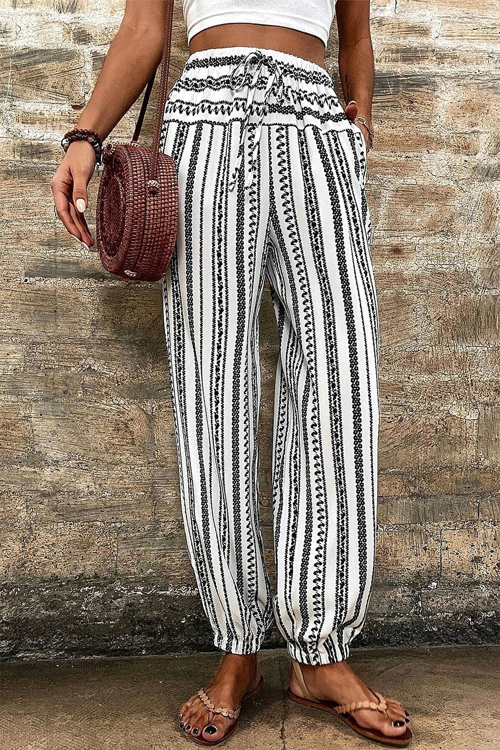 Black Stripe Boho Striped Print Casual Pants - enhanced image 9