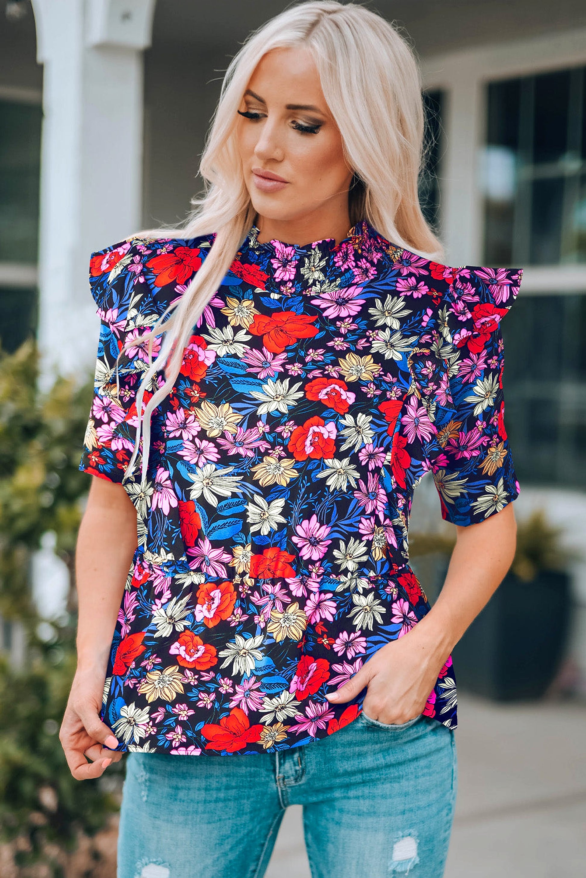 Blue Floral Print Ruffle Peplum Top - enhanced image 9
