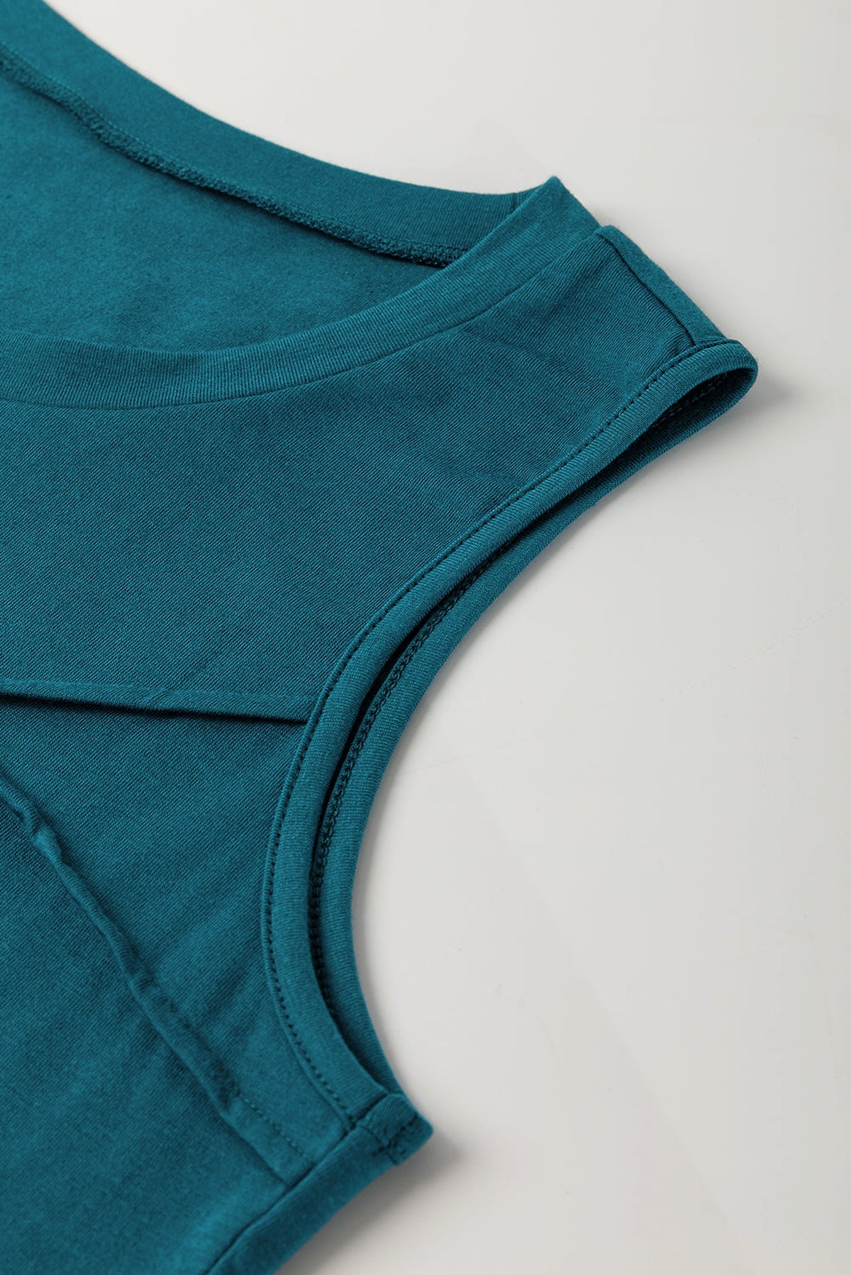 Blue Sapphire Solid Color Stitching Detail Round Neck Tank Top - enhanced image 9