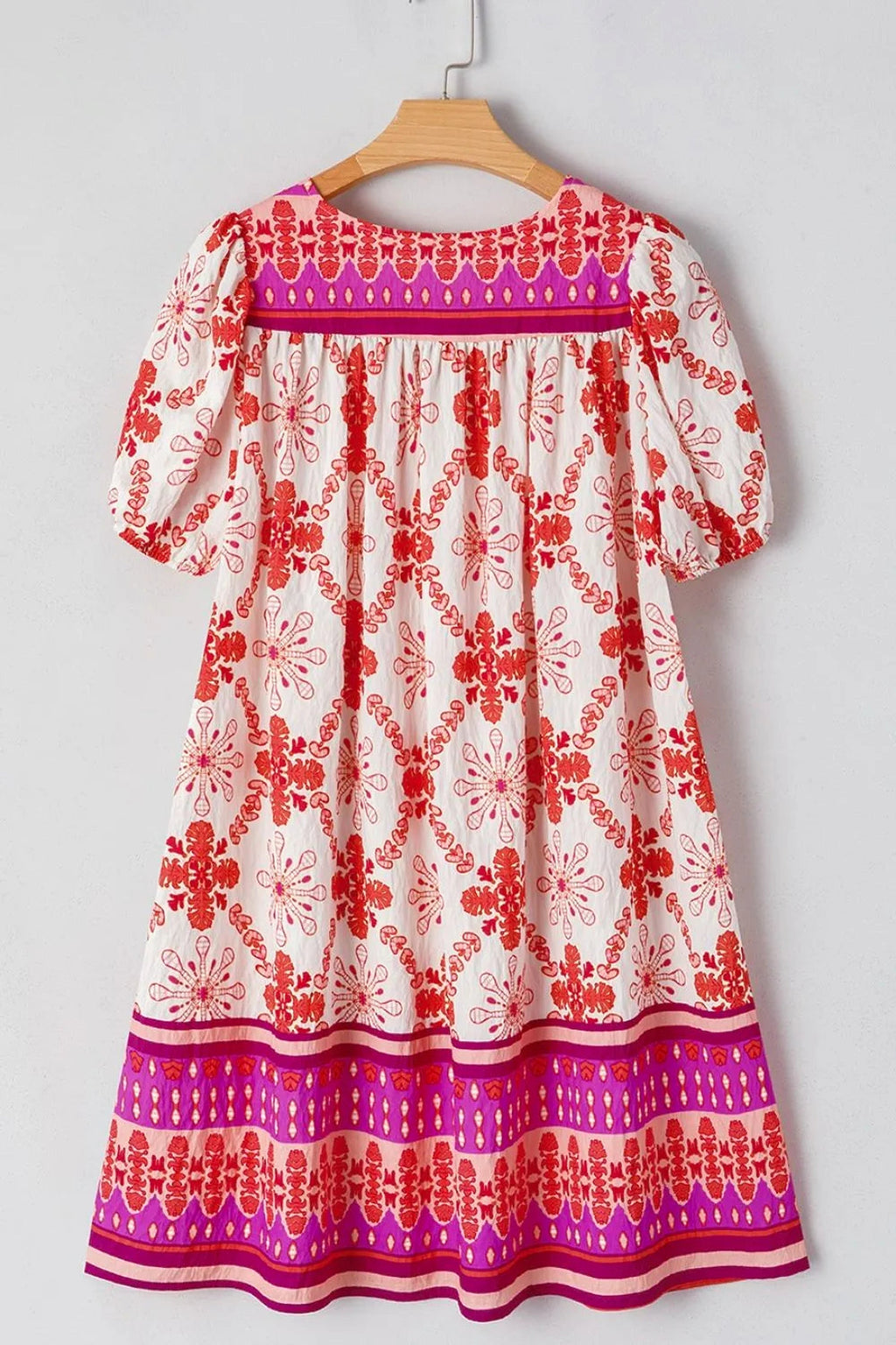 Boho Floral Short Sleeve Tie Neck Mini Dress - enhanced image 9
