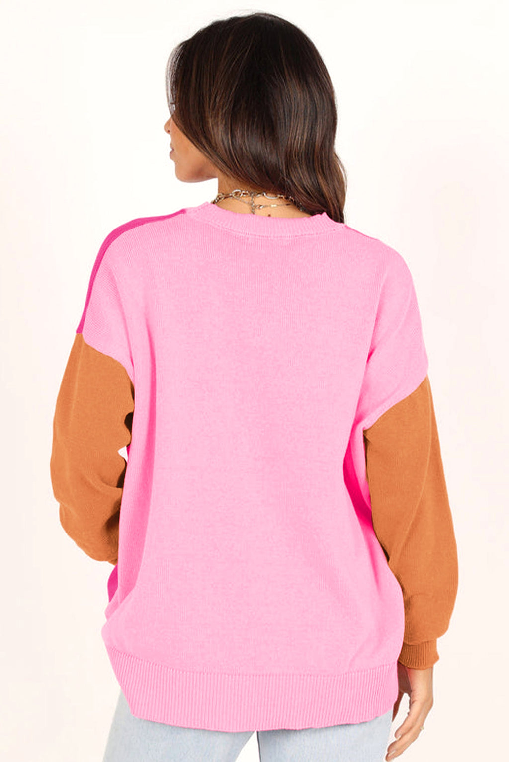 Bonbon Three Tone Contrast Round Neck Loose Sweater - enhanced image 9