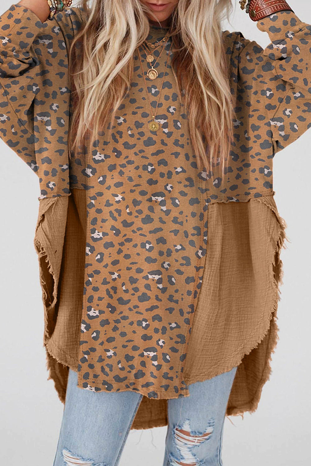 Brown Printed Raw Edge Leopard Patchwork Oversized Blouse - enhanced image 9
