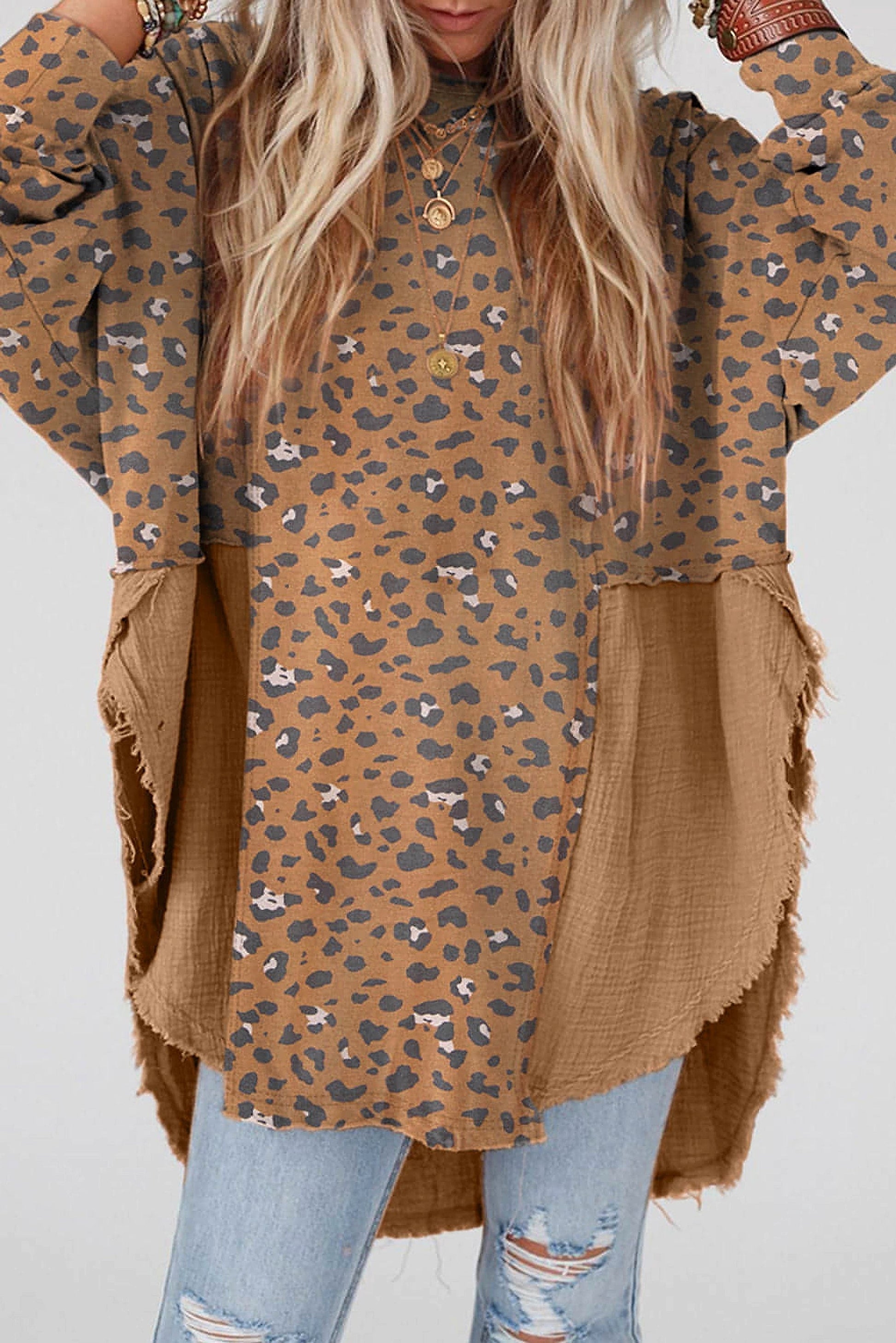 Brown Printed Raw Edge Leopard Patchwork Oversized Blouse - enhanced image 9
