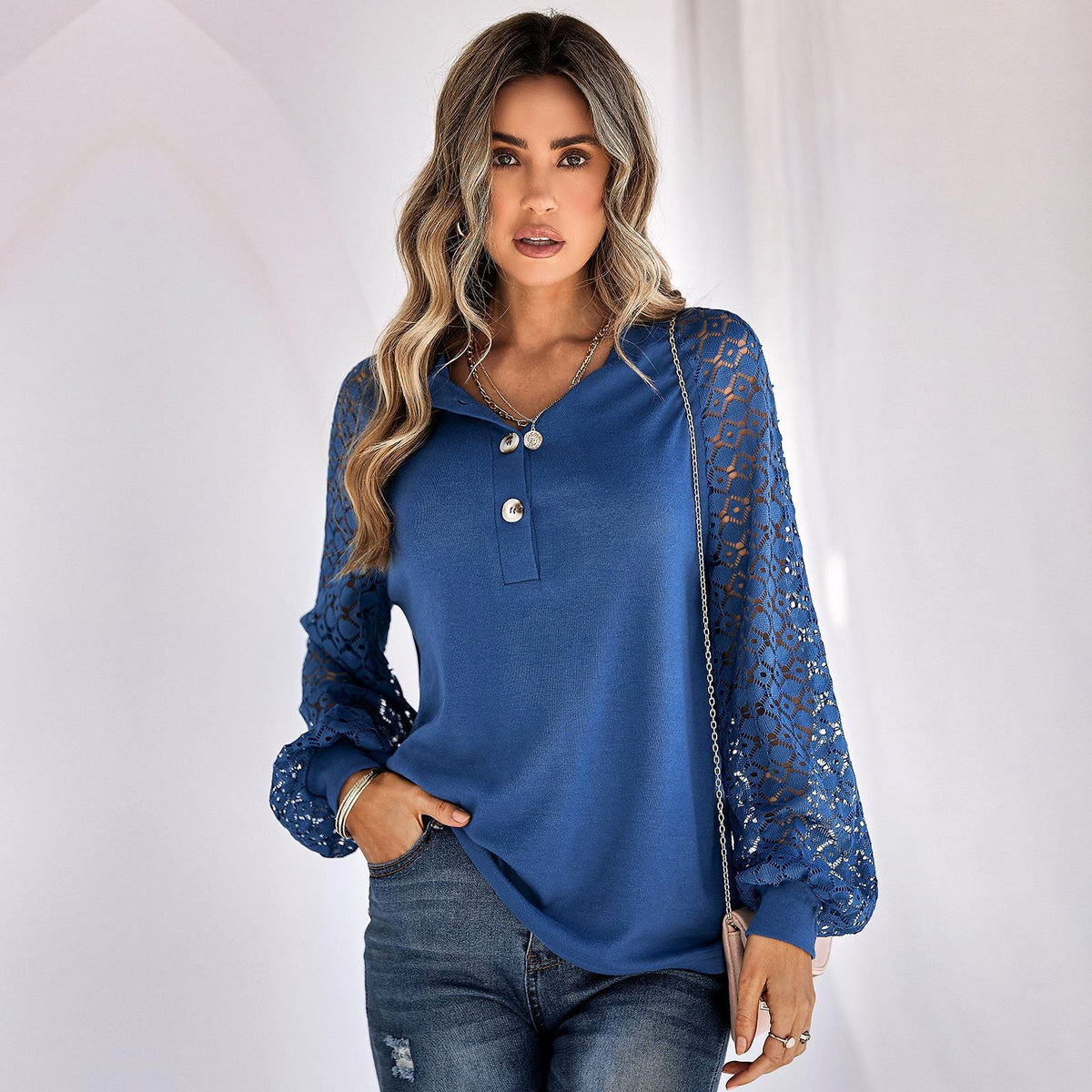 Casual Lace Button Top Women T-Shirt - enhanced image 9