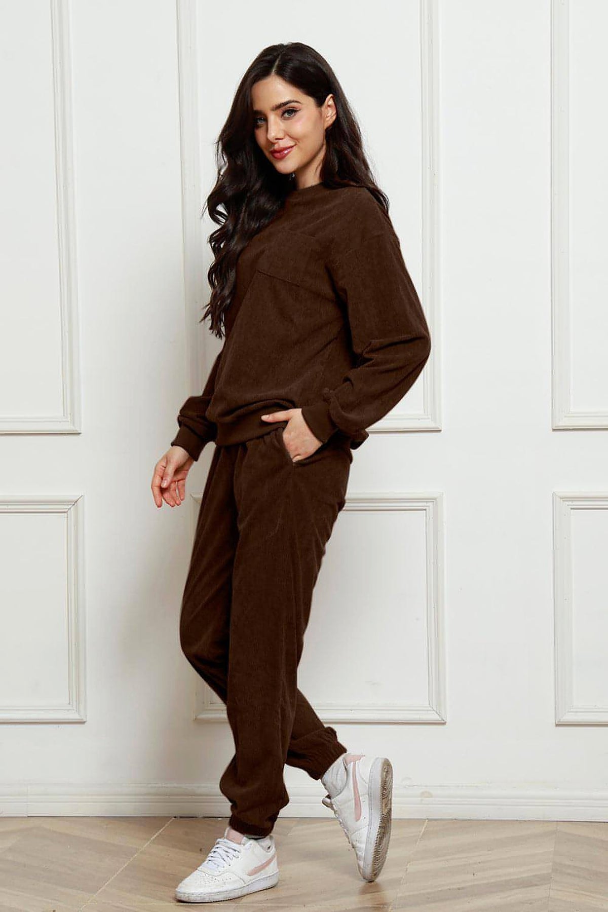 Corduroy Round Neck Sweatshirt and Sweatpants Set - enhanced image 9