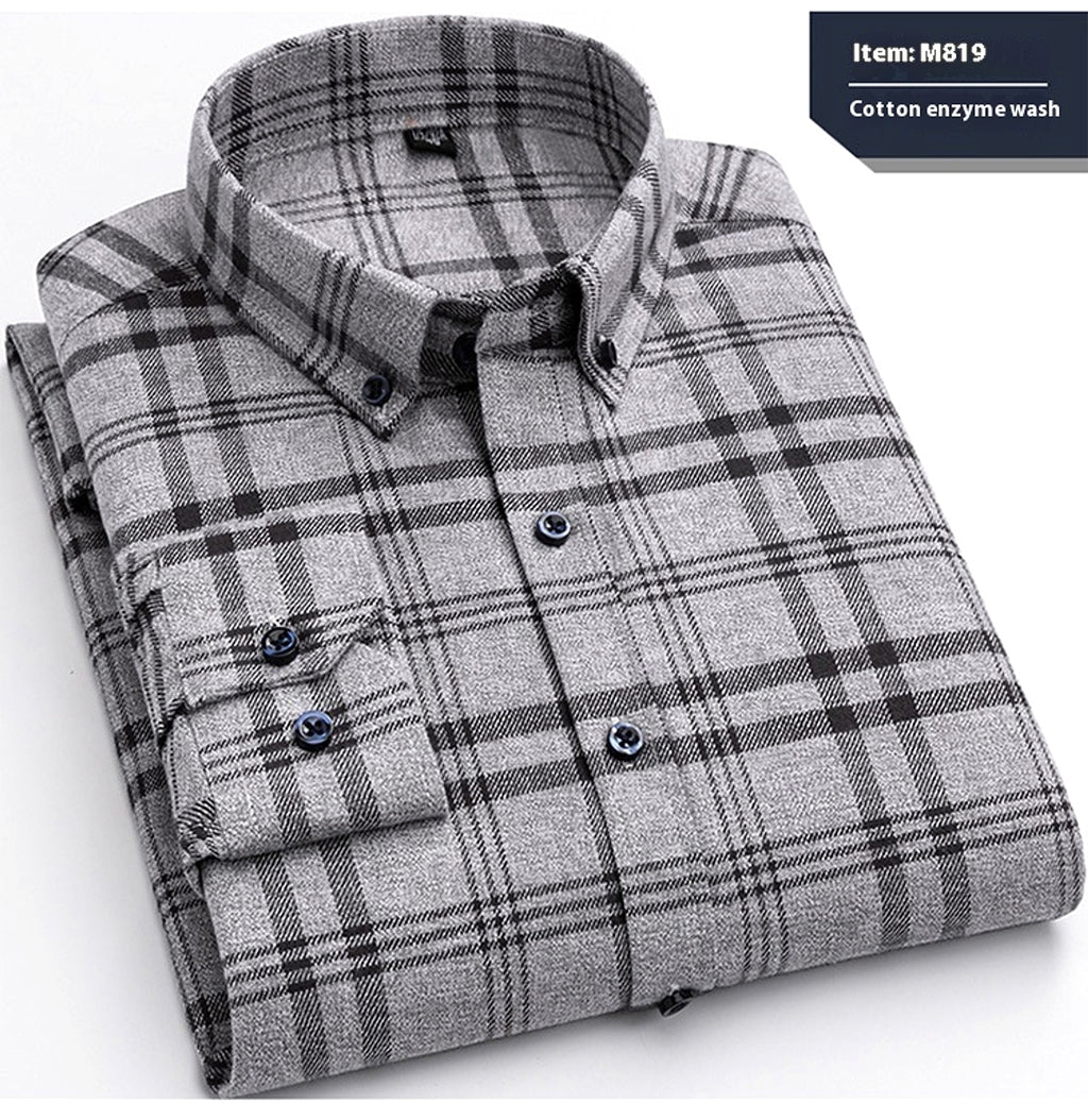 Cotton Long-sleeved DressShirt Plaid Business Slim Fit - enhanced image 9