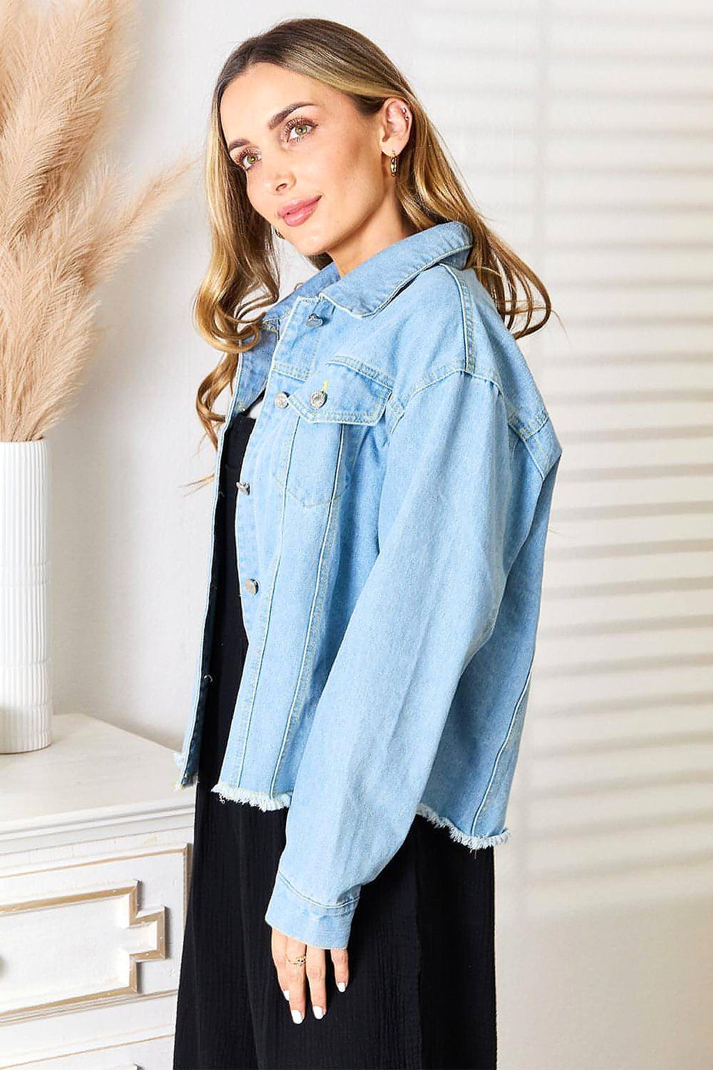 Double Take Dropped Shoulder Raw Hem Denim Jacket - enhanced image 9
