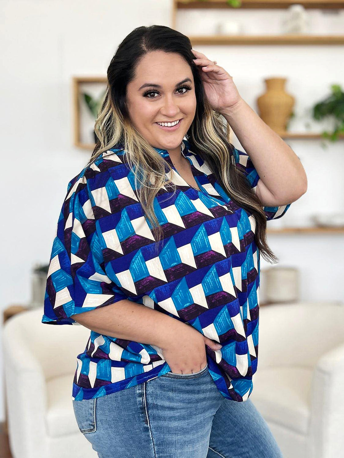 Double Take Full Size Geometric Notched Half Sleeve Blouse - enhanced image 9