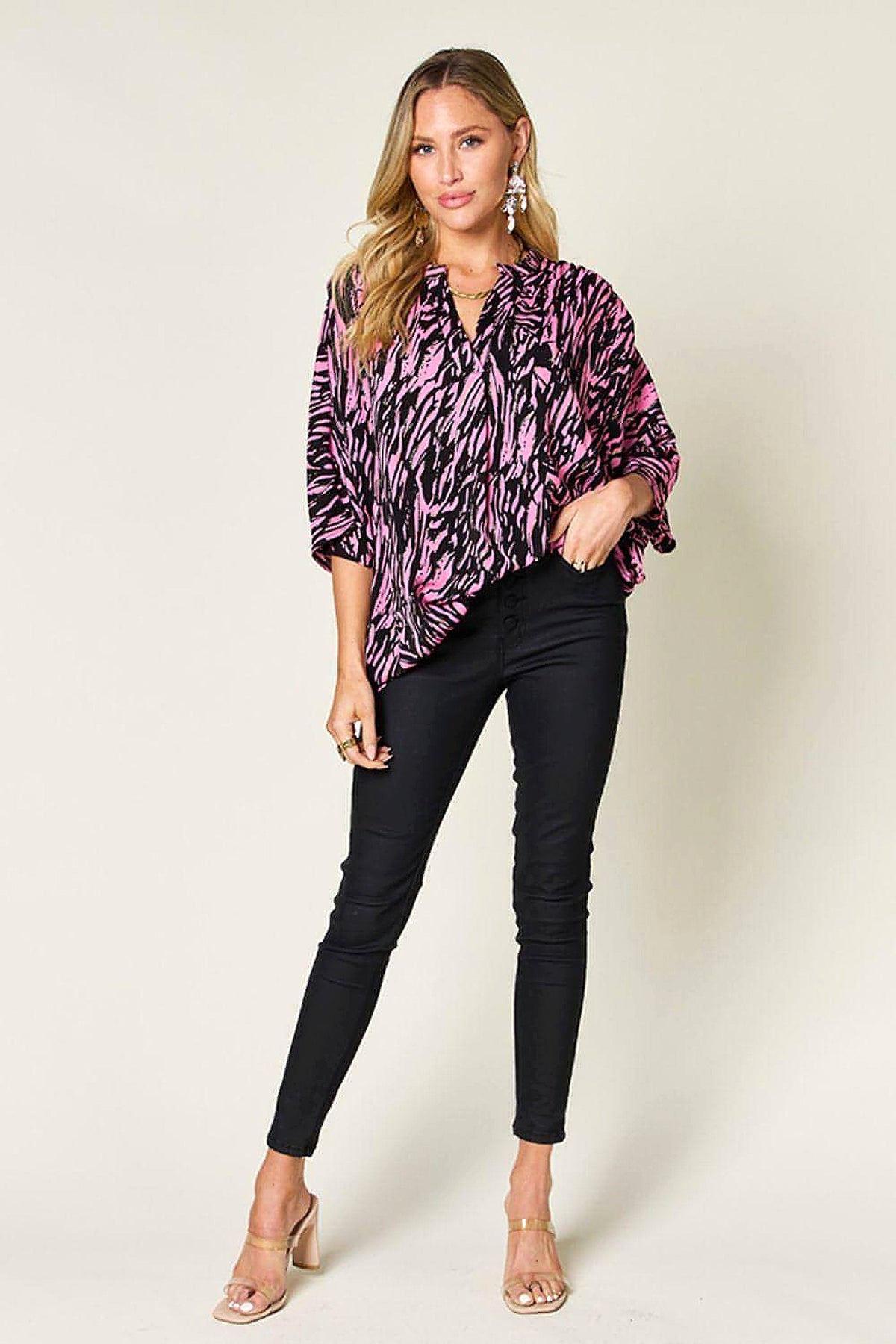 Double Take Full Size Printed Notched Three-Quarter Sleeve Blouse - enhanced image 9