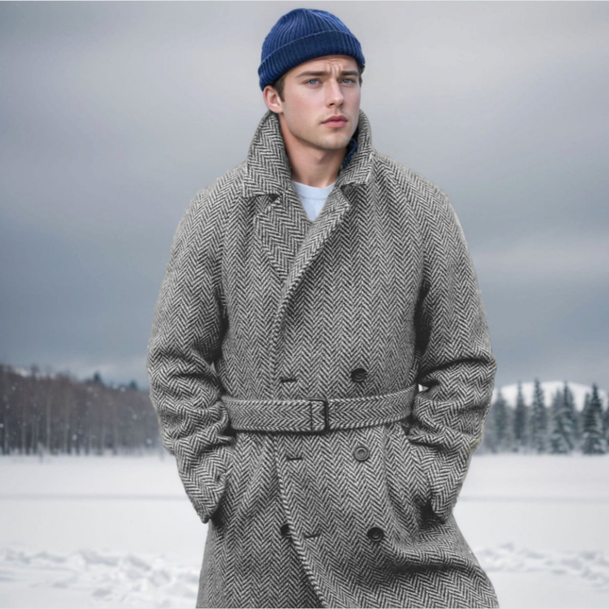 Fall Winter Men Mid-length Woolen Plaid Double Breasted Cotton Padded Thickened Coat - enhanced image 9