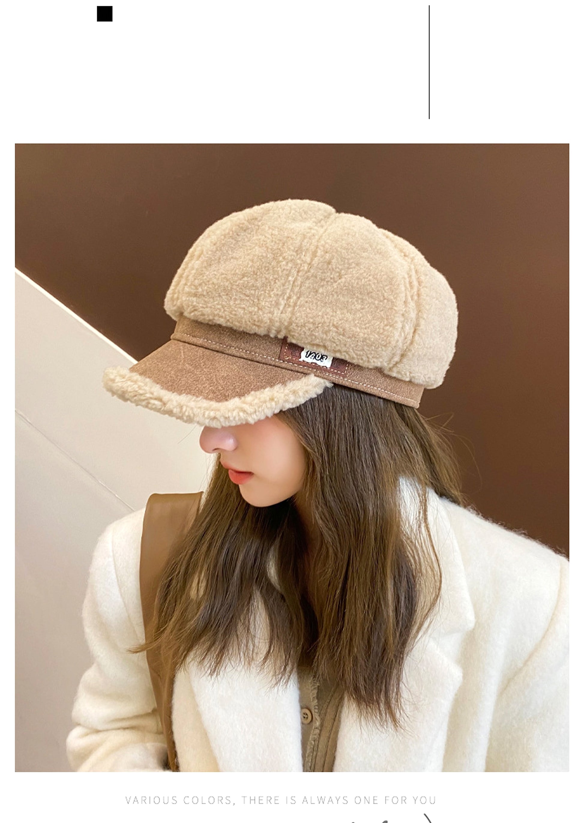 Faux Cashmere Fashion Leather Tag Octagonal Winter Warm Peaked Cap Hat - enhanced image 9