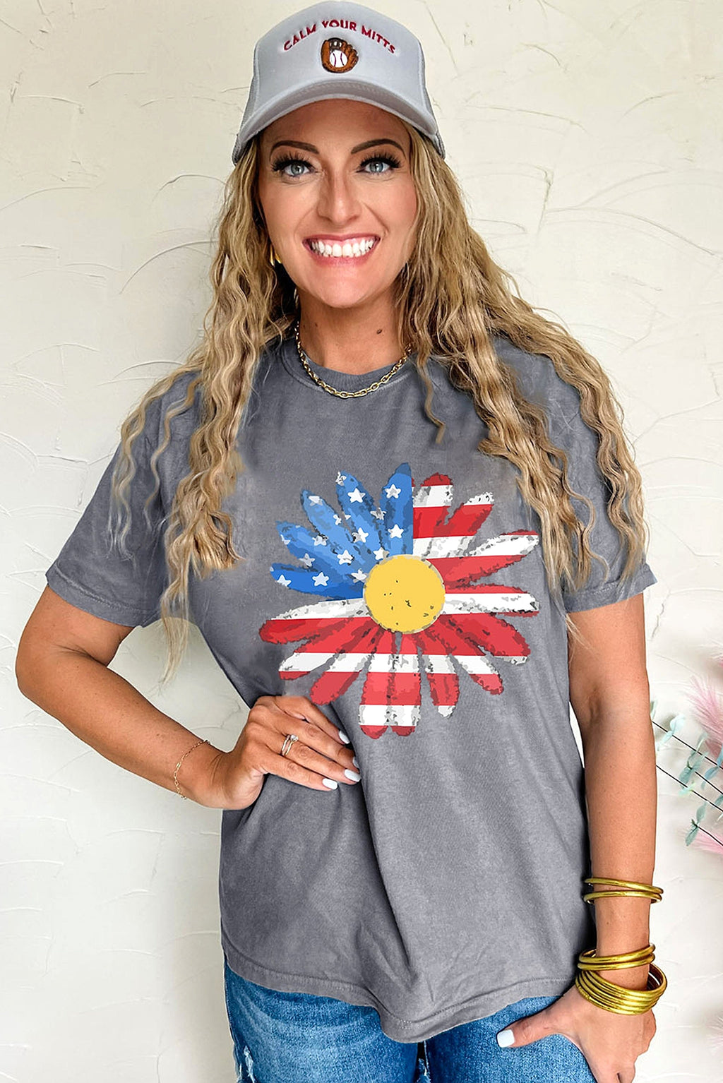 Gray Flag Pattern Sunflower Graphic Crew Neck Tee - enhanced image 9